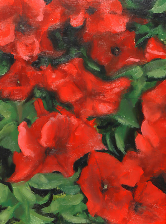 Red petunias, 9x12 inches, Oil on masonite Board